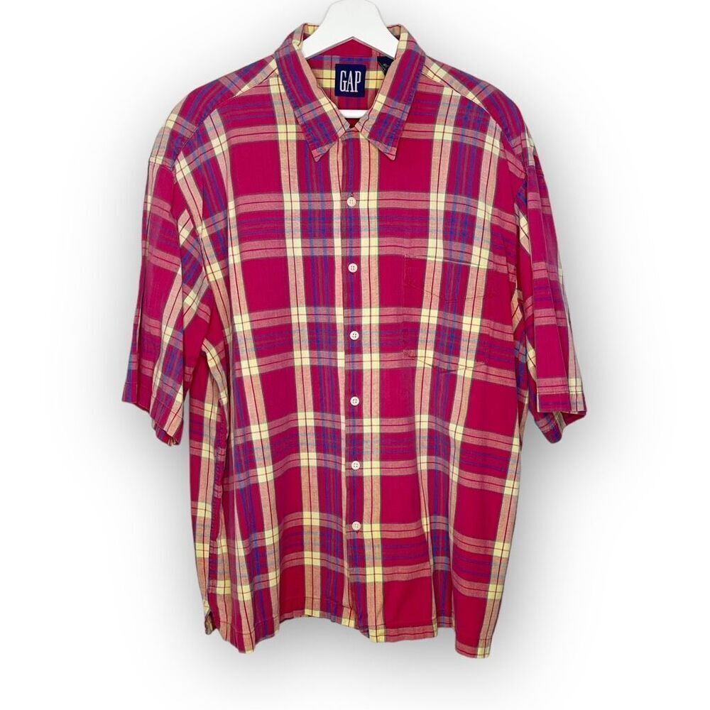 GAP Gap Tartan Pink Plaid Short Sleeve Button Up Polo Shirt Mens Size XL Vintage